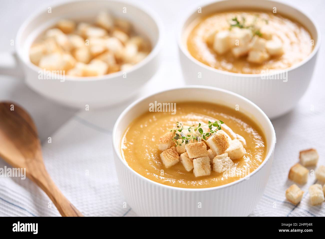 Pumpkin soup puree with croutons. Close-up. Vegetable soup. Stock Photo