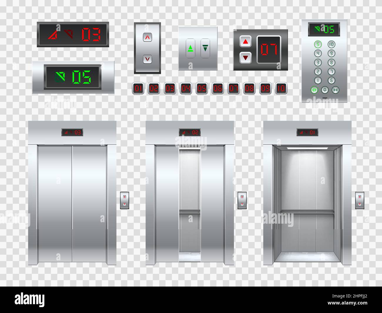 Elevator door and buttons. Realistic metal passenger lift with