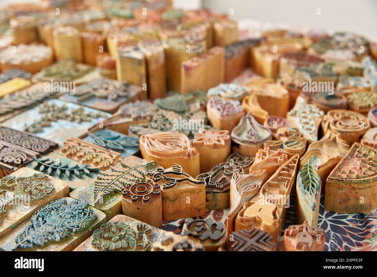 wooden Stamps for printing on fabric closeup Stock Photo Alamy