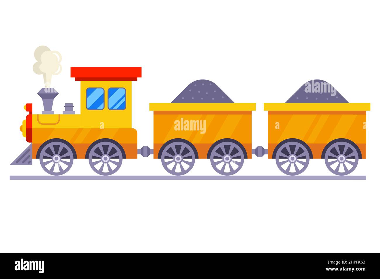 transportation of coal by steam locomotive. children toy railroad. flat vector illustration. Stock Vector
