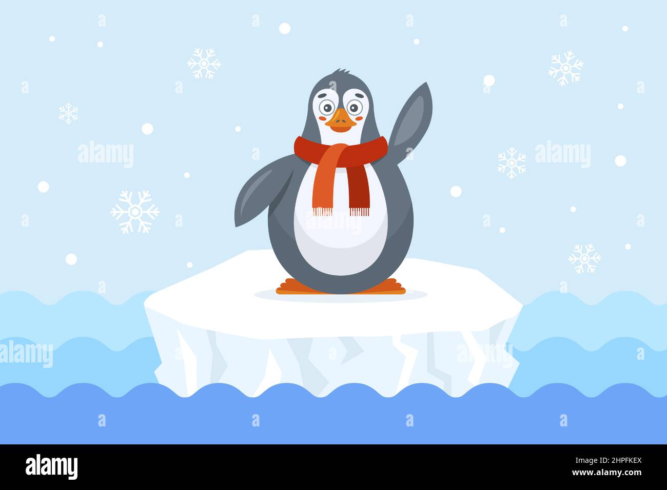 a cute penguin in a scarf swims on an ice floe in the open ocean. flat ...