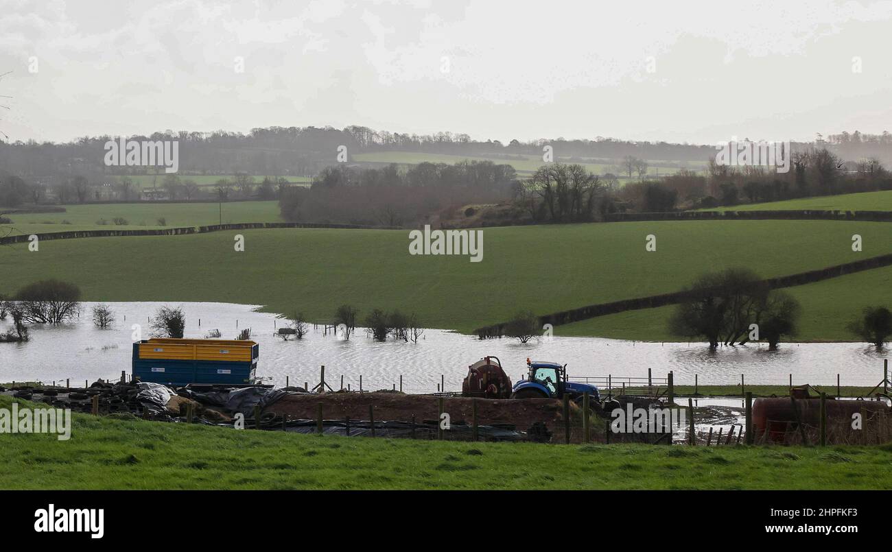 Magheralin, County Down, Northern ireland, UK. 21 Feb 2022. UK weather – after heavy overnight wind and rain from Storm Franklin there was flooding in many areas across Northern Ireland. Near Magheralin the River Lagan burst its banks to flood fields and surrounding agricultural land. Credit: CAZIMB/Alamy Live News. Stock Photo
