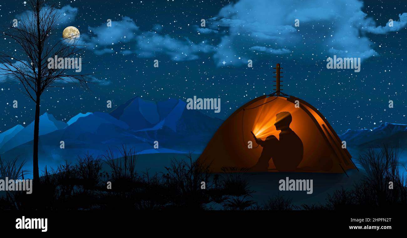 A wilderness camper sits in his tent using a cell phone thanks to an external signal boosting antenna attached to the top of his tent. This is a 3-d i Stock Photo