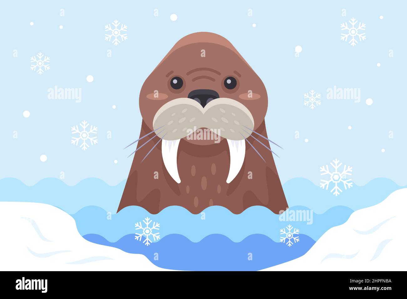 brown walrus swims among ice floes in antarctica. flat vector illustration. Stock Vector