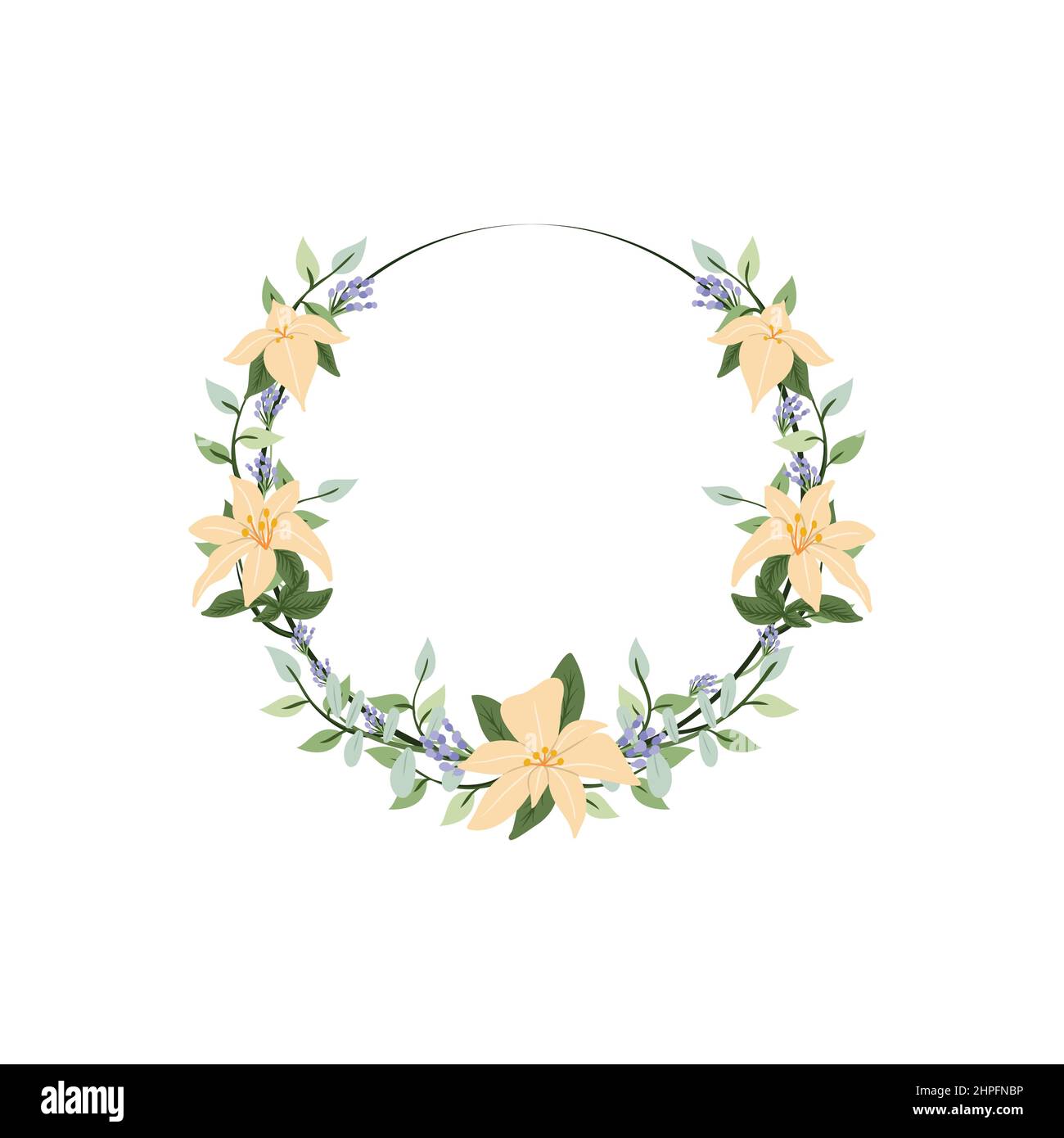 Iris and eucalyptus flower wreath. Green decorative ivy. Spring floral
