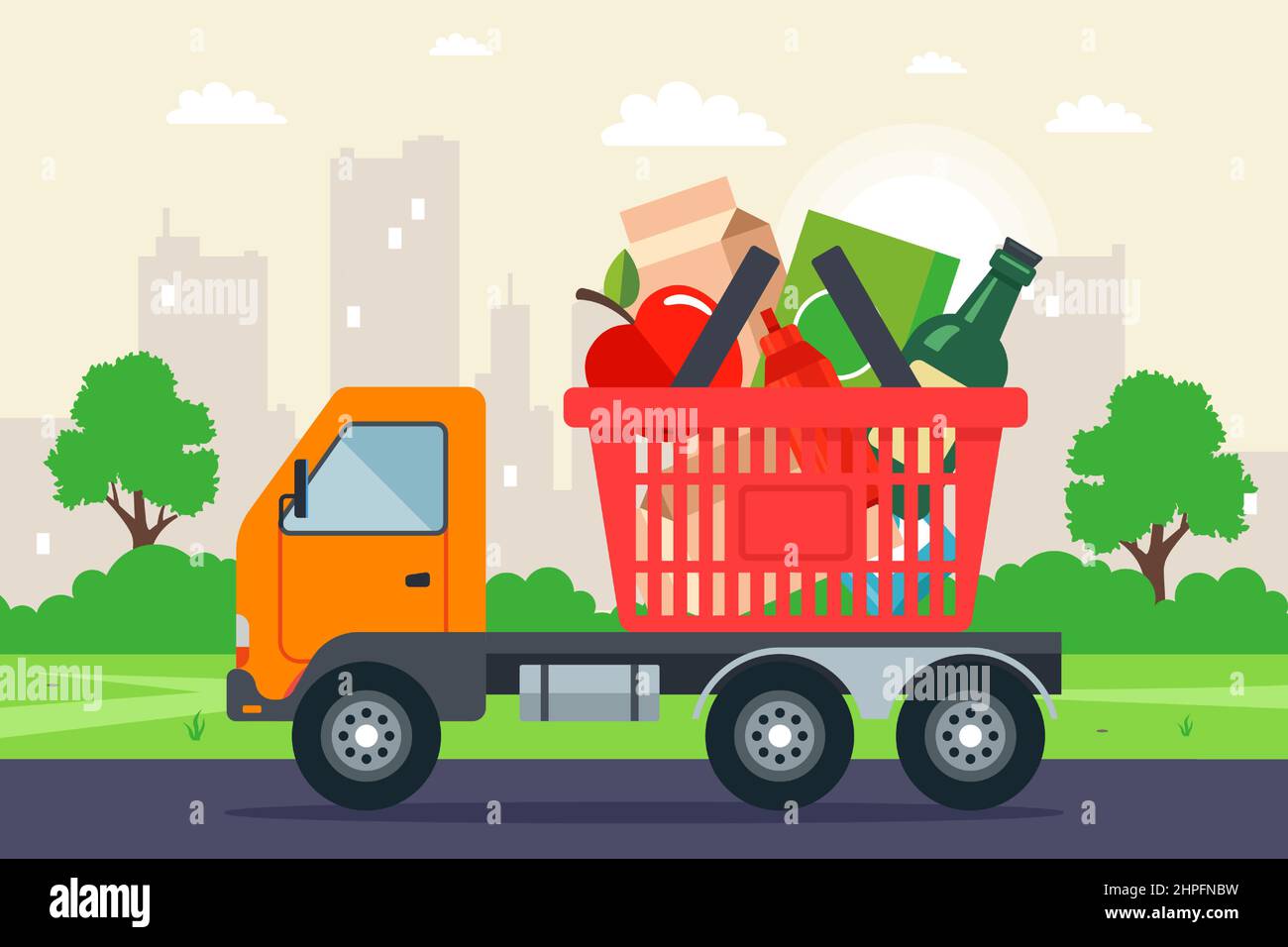 the truck is carrying a grocery basket. home delivery of groceries