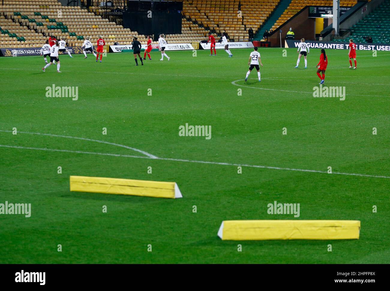 NORWICH, United Kingdom, FEBRUARY 20:Boards go onto pitch due to high winds during Arnold Clark Cup between Germany and Canada  at Carrow Road, Norwic Stock Photo