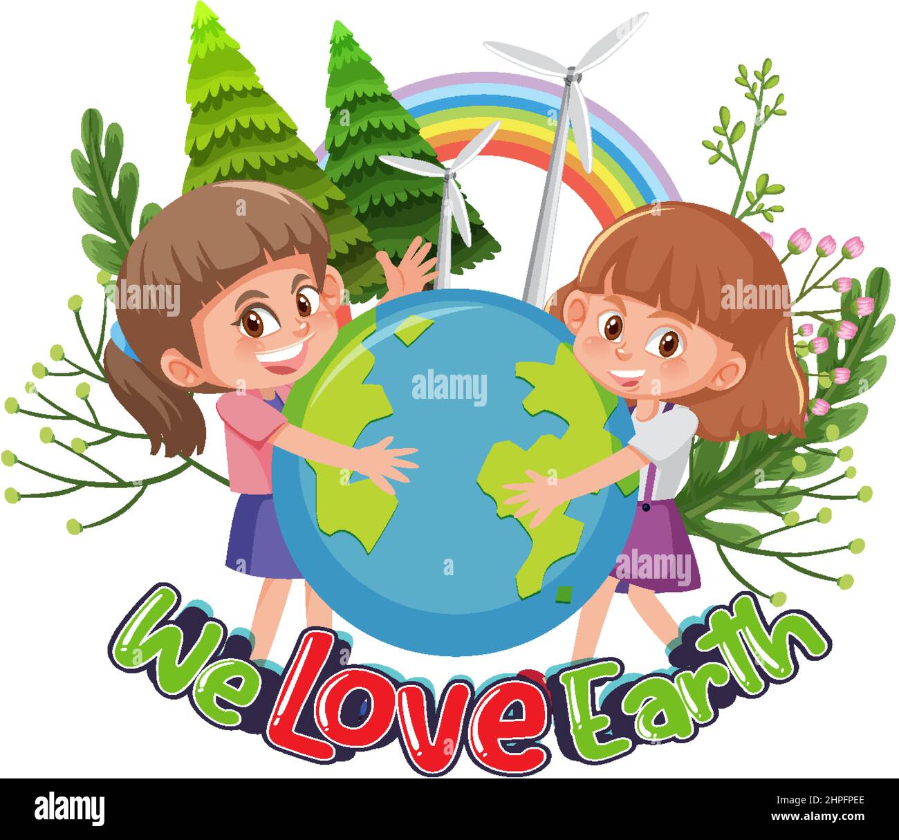 We Love Earth with two girls holding earth globe illustration Stock