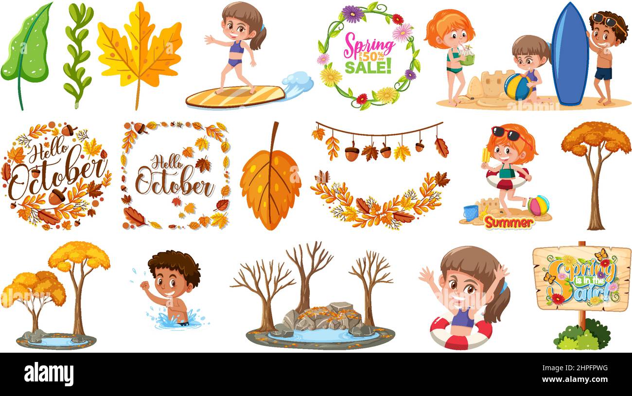 Set of four seasons trees and nature objects illustration Stock Vector ...