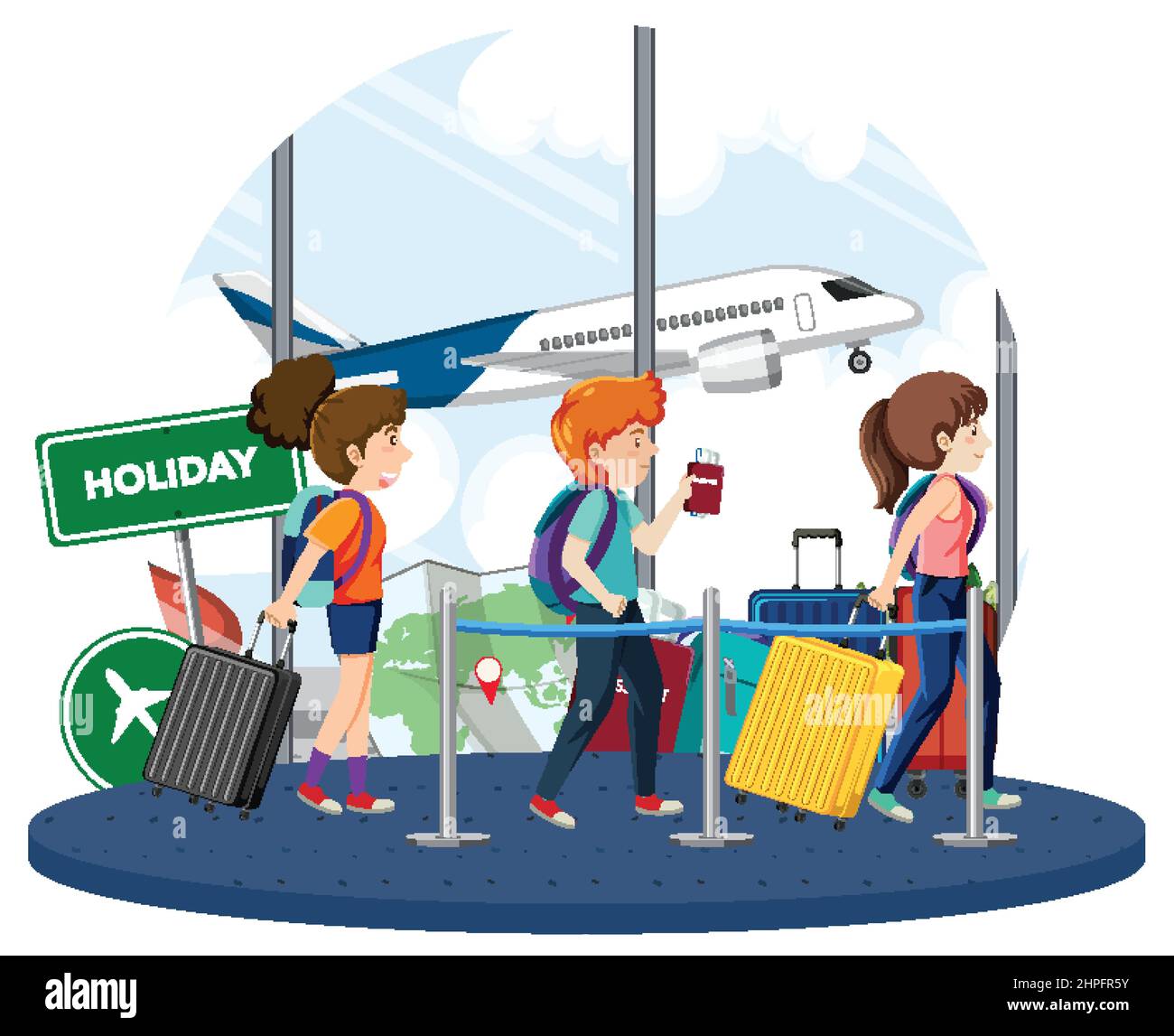 Passengers waiting in a line at airport illustration Stock Vector