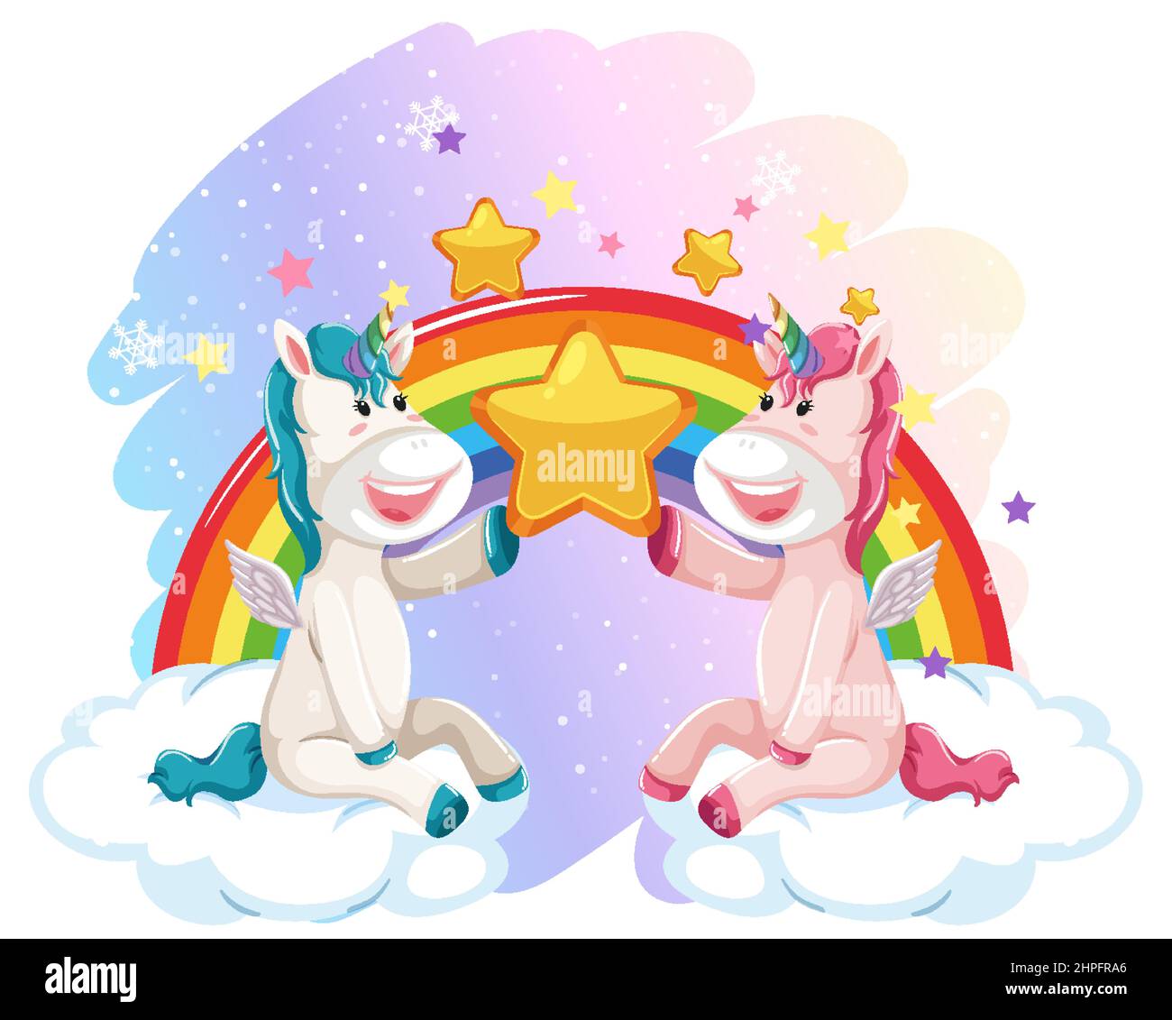 Two unicorns sitting on clouds with rainbow illustration Stock Vector ...