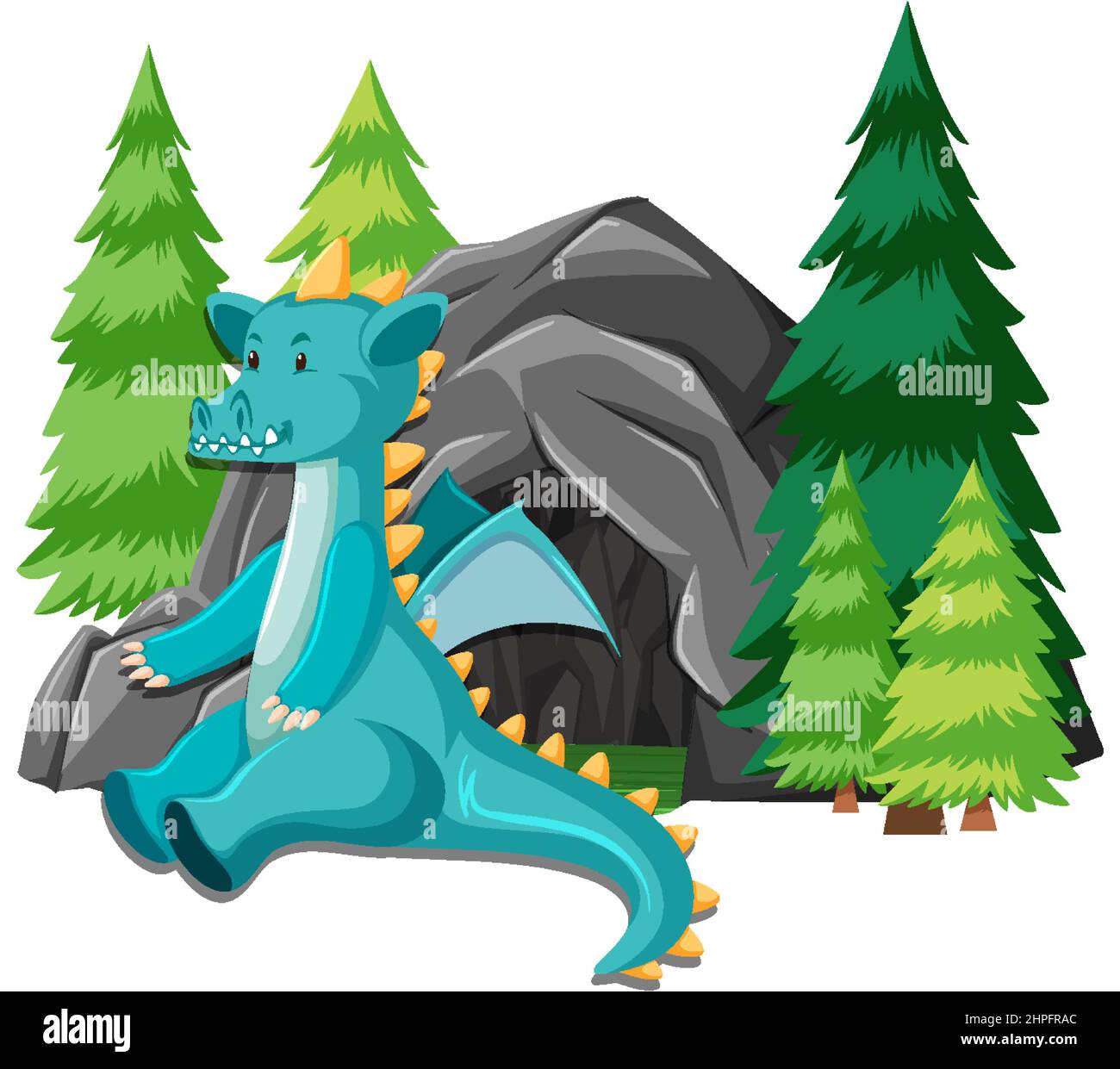 Green dragon sitting in front of cave illustration Stock Vector Image ...