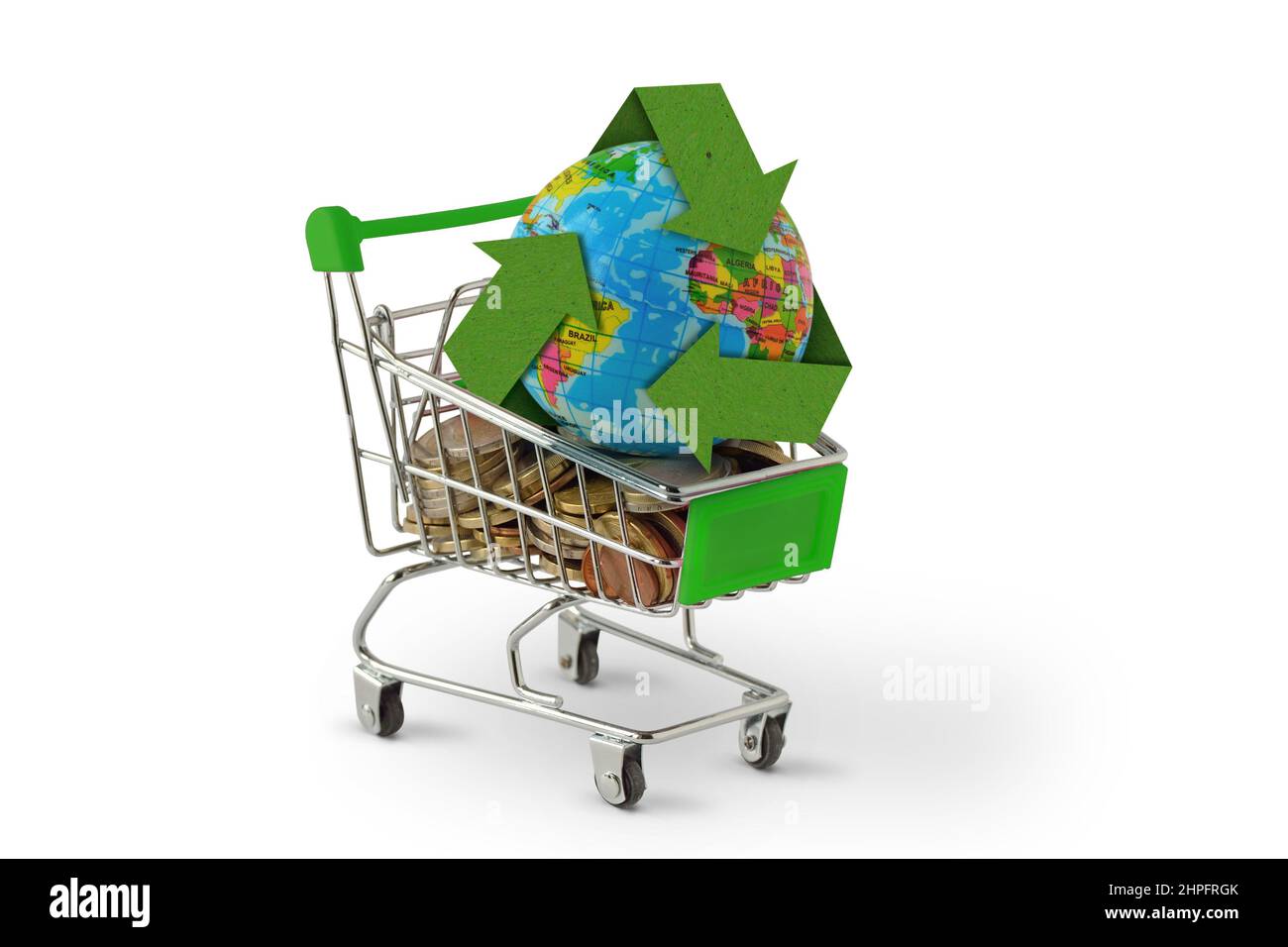 Planet earth with recycling symbol on shopping cart - Concept of environmental awareness and green purchasing Stock Photo