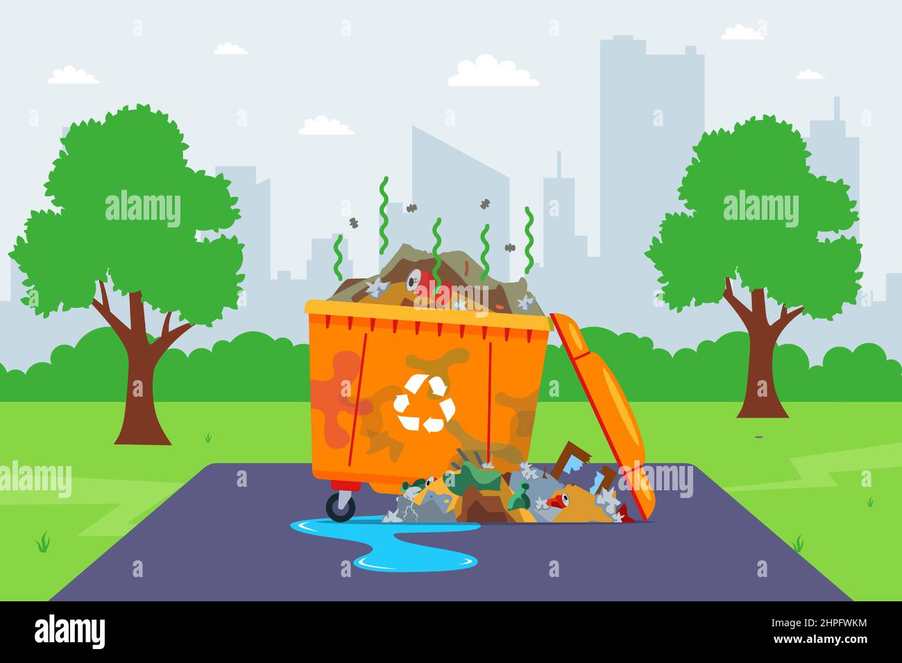 dirty garbage container on the street. poor municipal services. flat vector illustration. Stock Vector