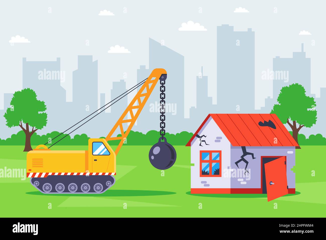 demolish the old building with special equipment. flat vector illustration. Stock Vector