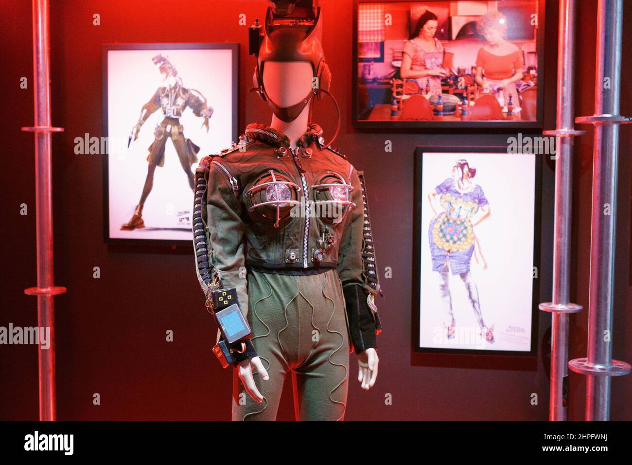 Inheems spreken temperen Madrid, Spain. 20th Feb, 2022. A suit worn by Vistoria Abril in the movie  Kika seen on display during the exhibition 'Cinema and fashion' by  Jean-Paul Gaultier at CaixaForum Madrid. (Photo by