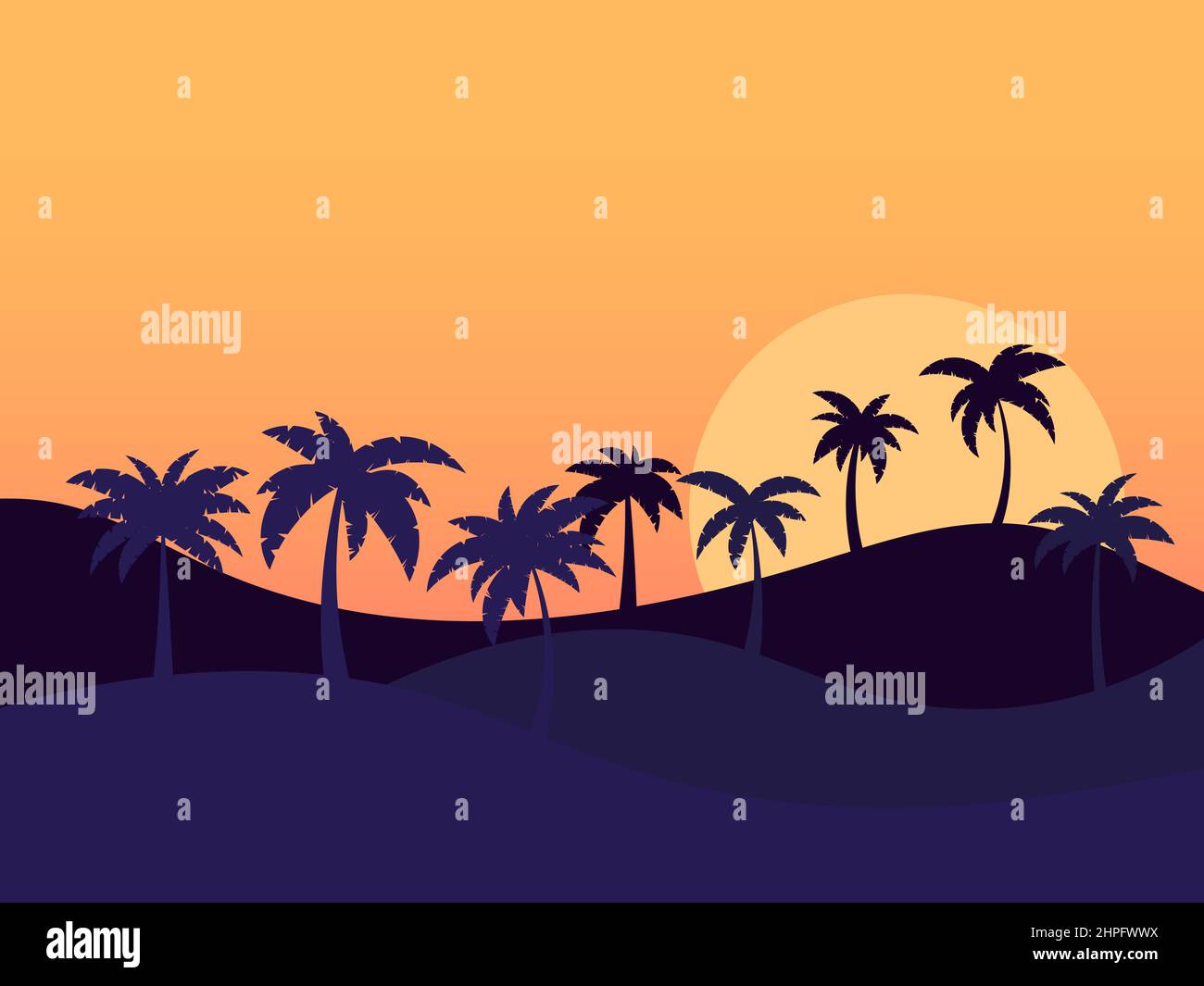 Landscape with palm trees at sunrise in a minimalist style. Silhouettes ...