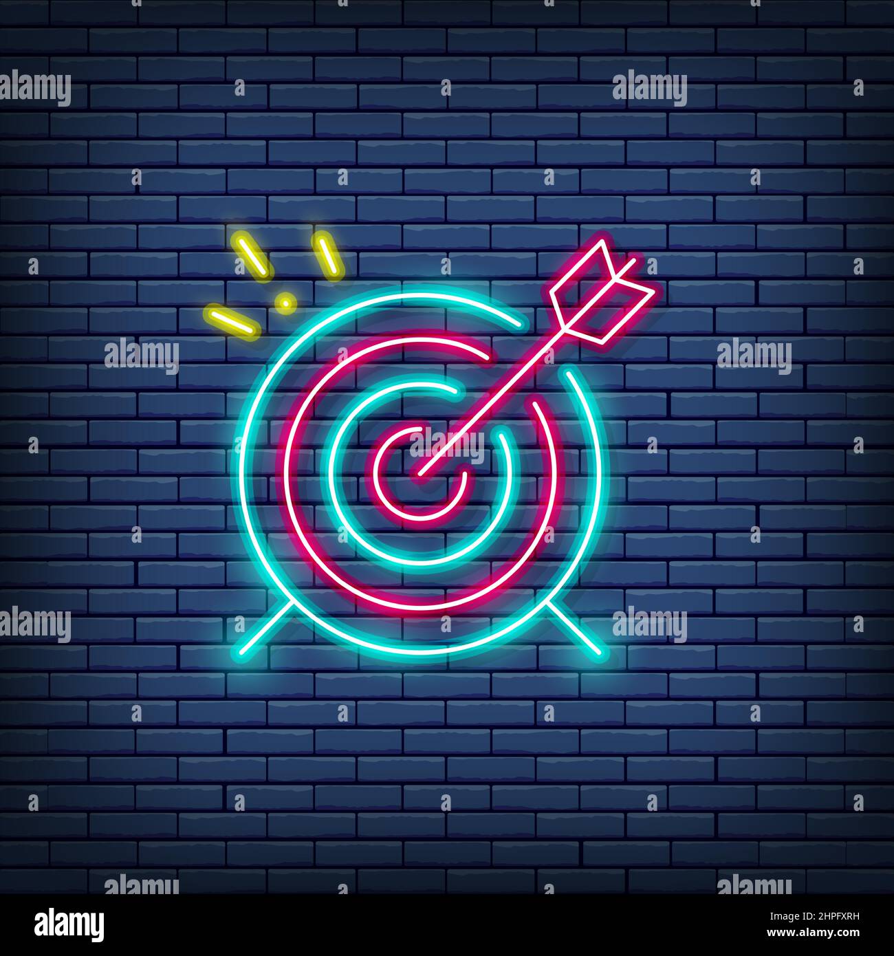 Vector target, goal neon sign. Isolated on a brick wall background
