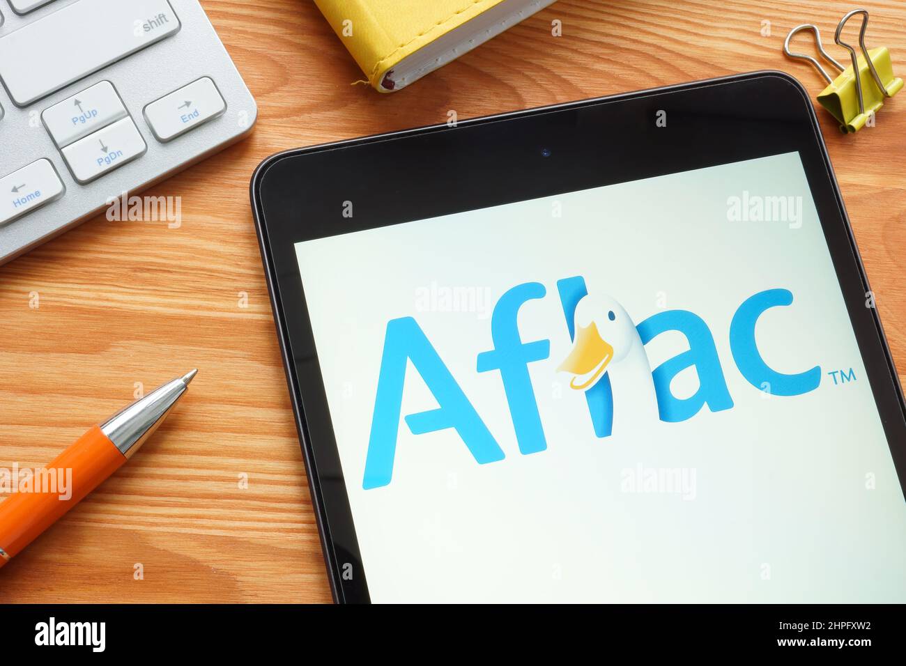 KYIV, UKRAINE - January 27, 2022. Aflac Incorporated AFL insurance company logo. Stock Photo
