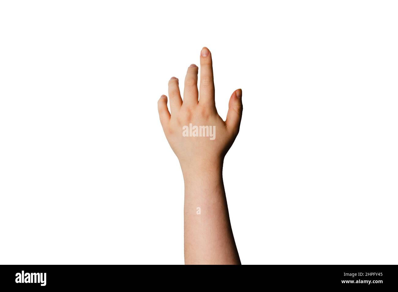 Hand pointing out isolated on white background for cutting out. Stock Photo