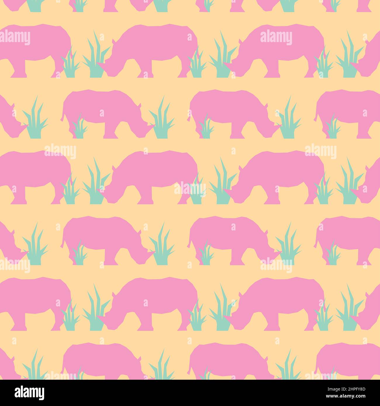 Cute vector pattern of pink rhinos eating grass, seamless pattern with simple shape of pink rhinos on the light-brown colour background. Stock Photo