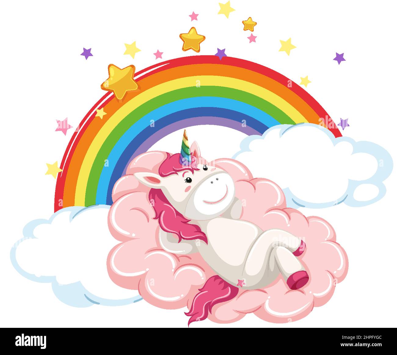 Pink unicorn lying on a cloud with rainbow illustration Stock Vector ...