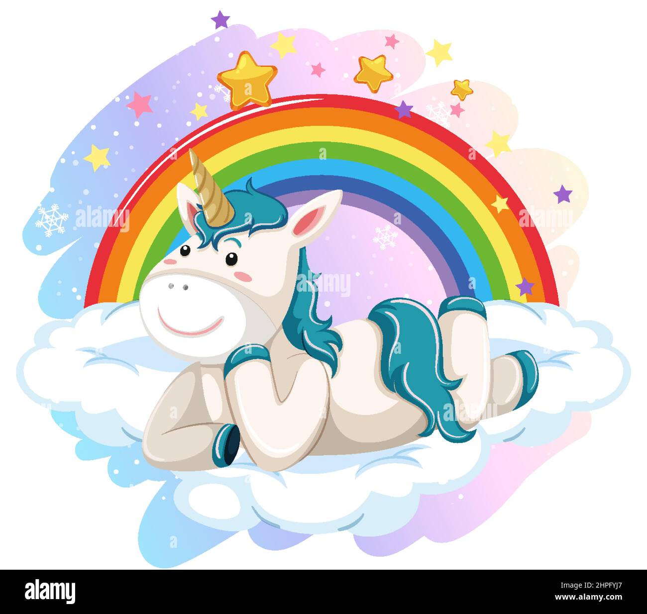 Blue unicorn lying on a cloud with rainbow illustration Stock Vector ...