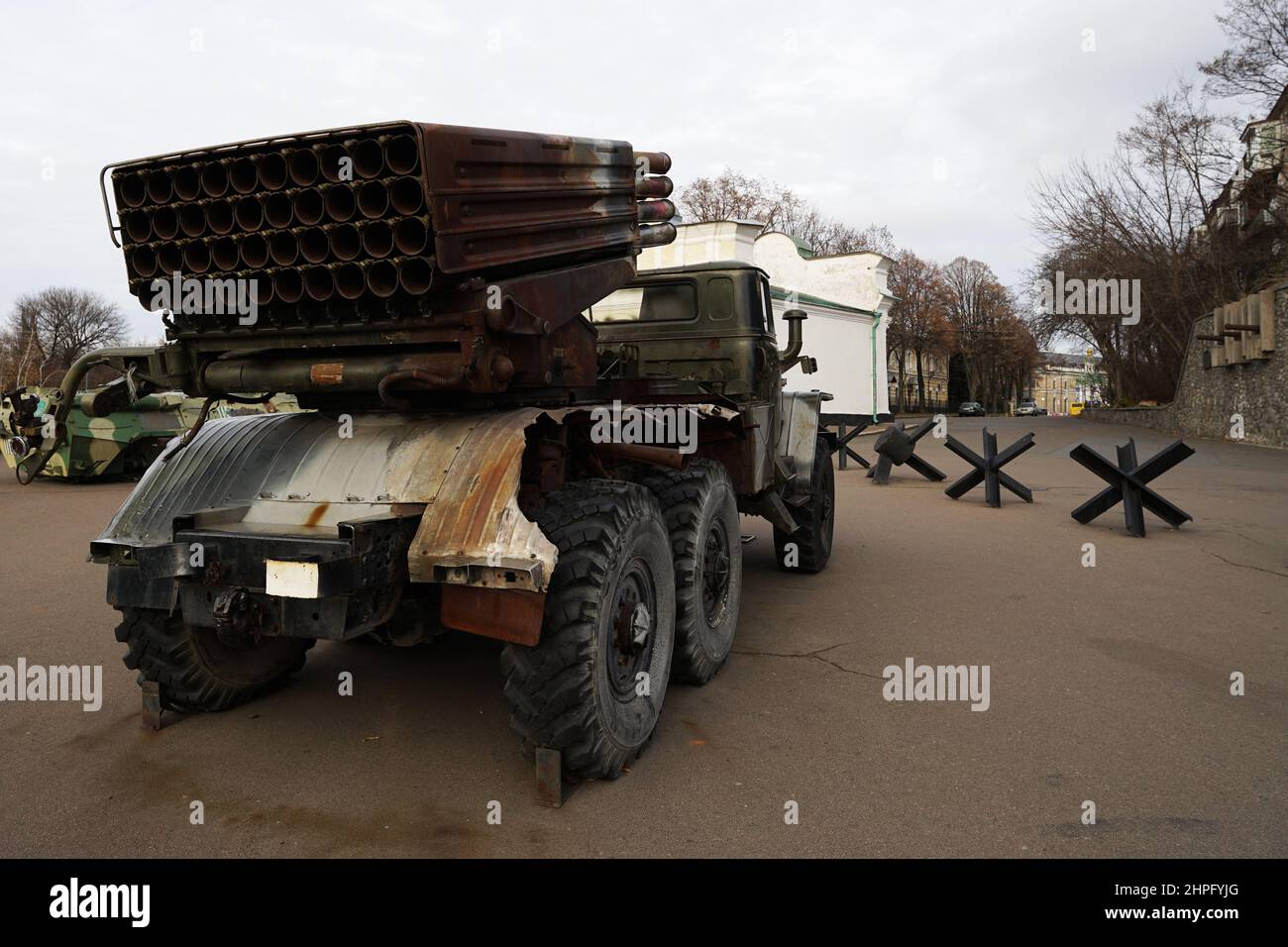 Ukraine Russia conflict war escalation concept, Katyusha multiple rocket launcher army truck with troops on display in Kyiv, Ukraine Stock Photo