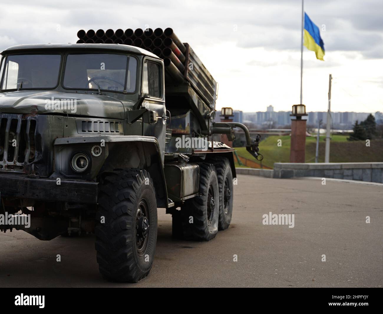 Ukraine Russia conflict war escalation concept with army troops, Katyusha multiple rocket launcher truck on display in Kyiv, Ukraine Stock Photo
