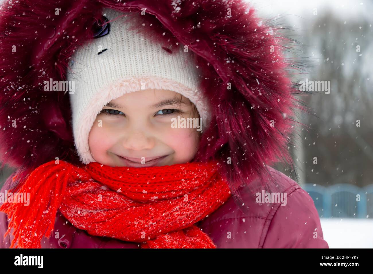 Child in winter. A little girl in a warm hat and hood looks at the camera and smiles. Stock Photo