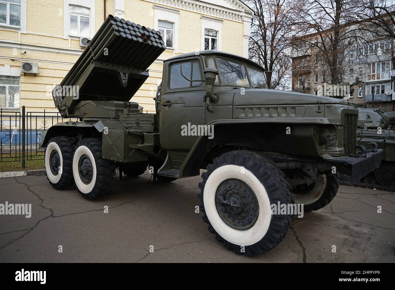 Ukraine Russia tension war concept, Katyusha multiple rocket launcher truck on display in Kyiv, Ukraine Stock Photo