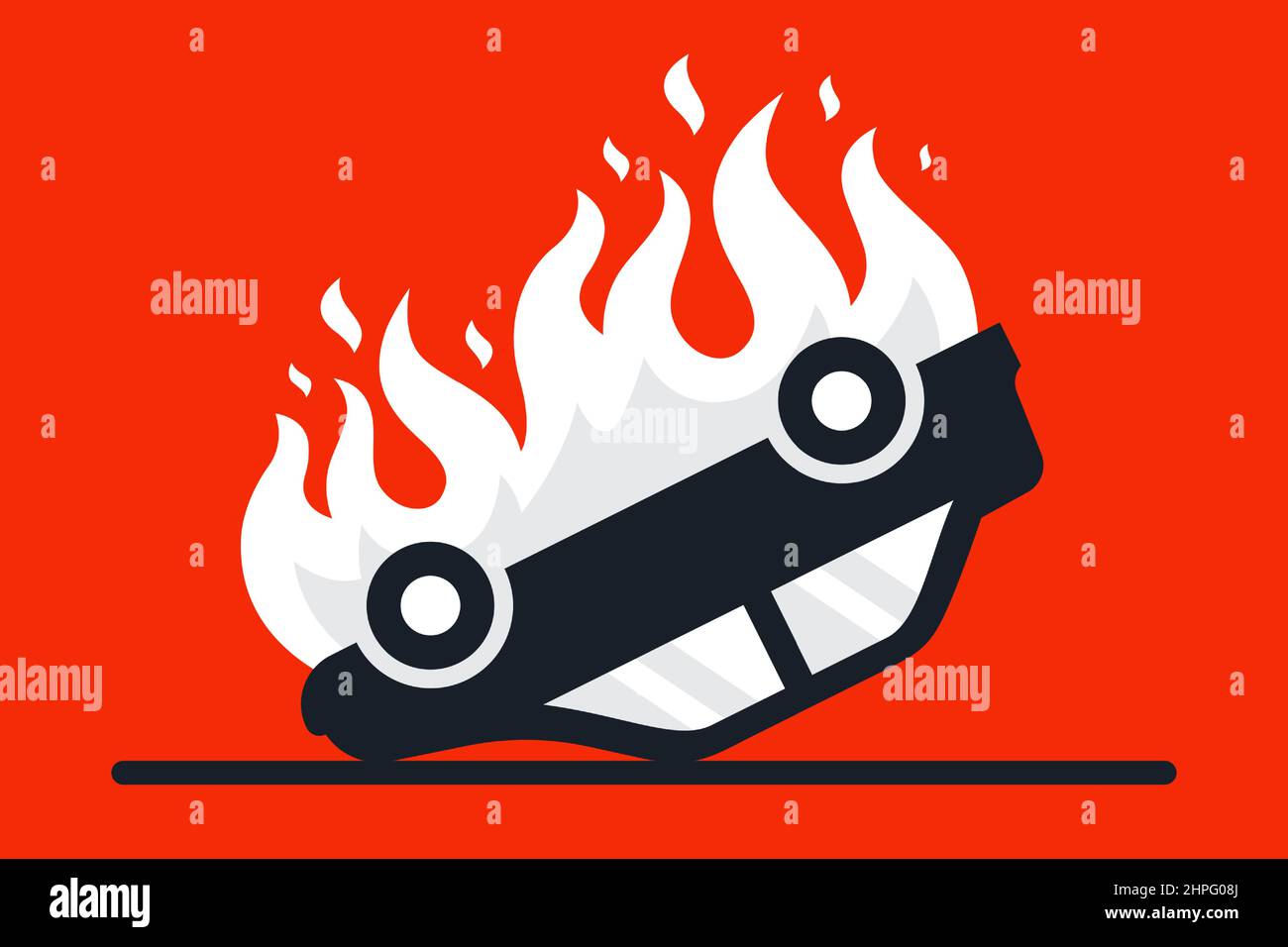 a burning overturned car crashed on the road. flat vector illustration. Stock Vector