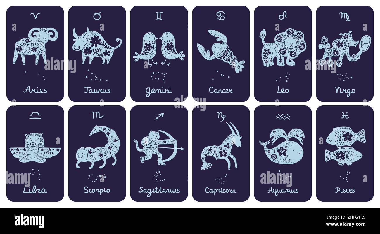 Zodiac signs cards. Astrological symbols. Zodiacal animals with floral patterned silhouettes. Constellations icons with detailed flower ornament Stock Vector