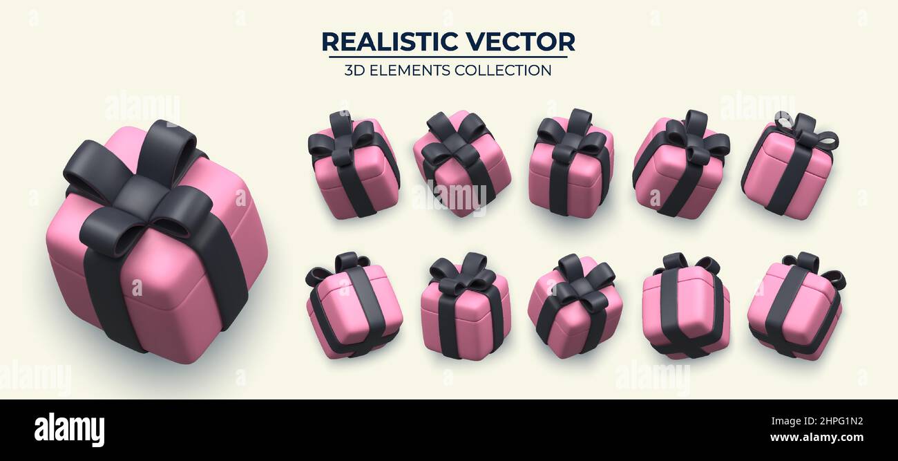 Set of 3D Realistic pink gift box with black bow. Collection of realistic gifts . Festive colorful decorative 3d render object. Isolated on white background. vector illustration Stock Vector