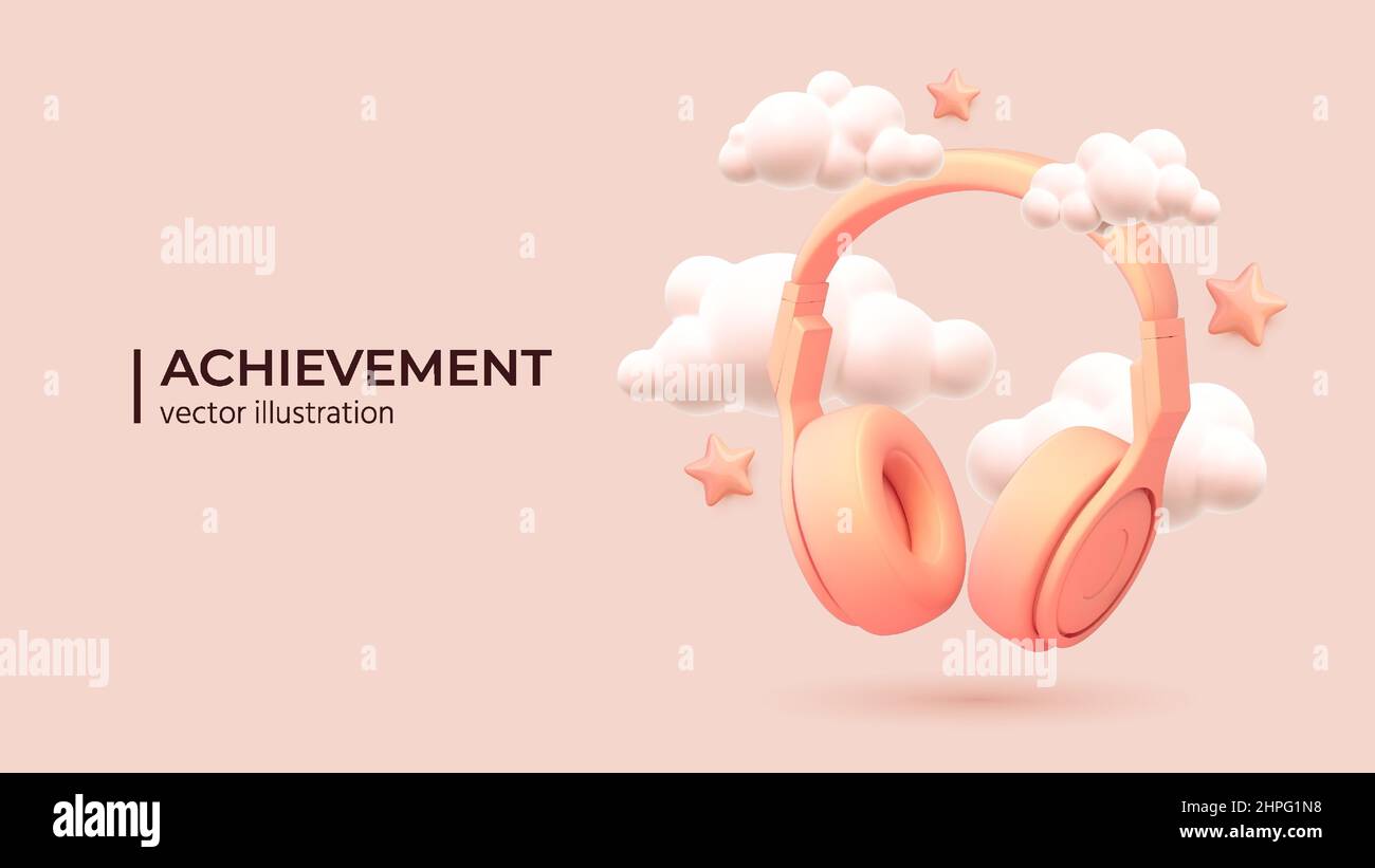 3D Realistic headphones in trendy color around the clouds and stars. Realistic object for music or game concept, poster design, flyer, website. Stock Vector