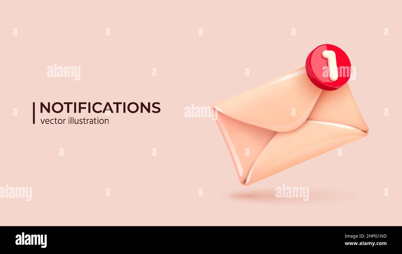 Nude color paper envelope Icon with red new message web chat. Creative concept composition. Realistic 3d design congratulations mail, falling envelope. Abstract cartoon design. Vector illustration Stock Vector