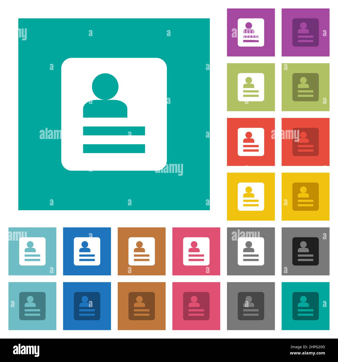 User profile solid multi colored flat icons on plain square backgrounds. Included white and darker icon variations for hover or active effects. Stock Vector