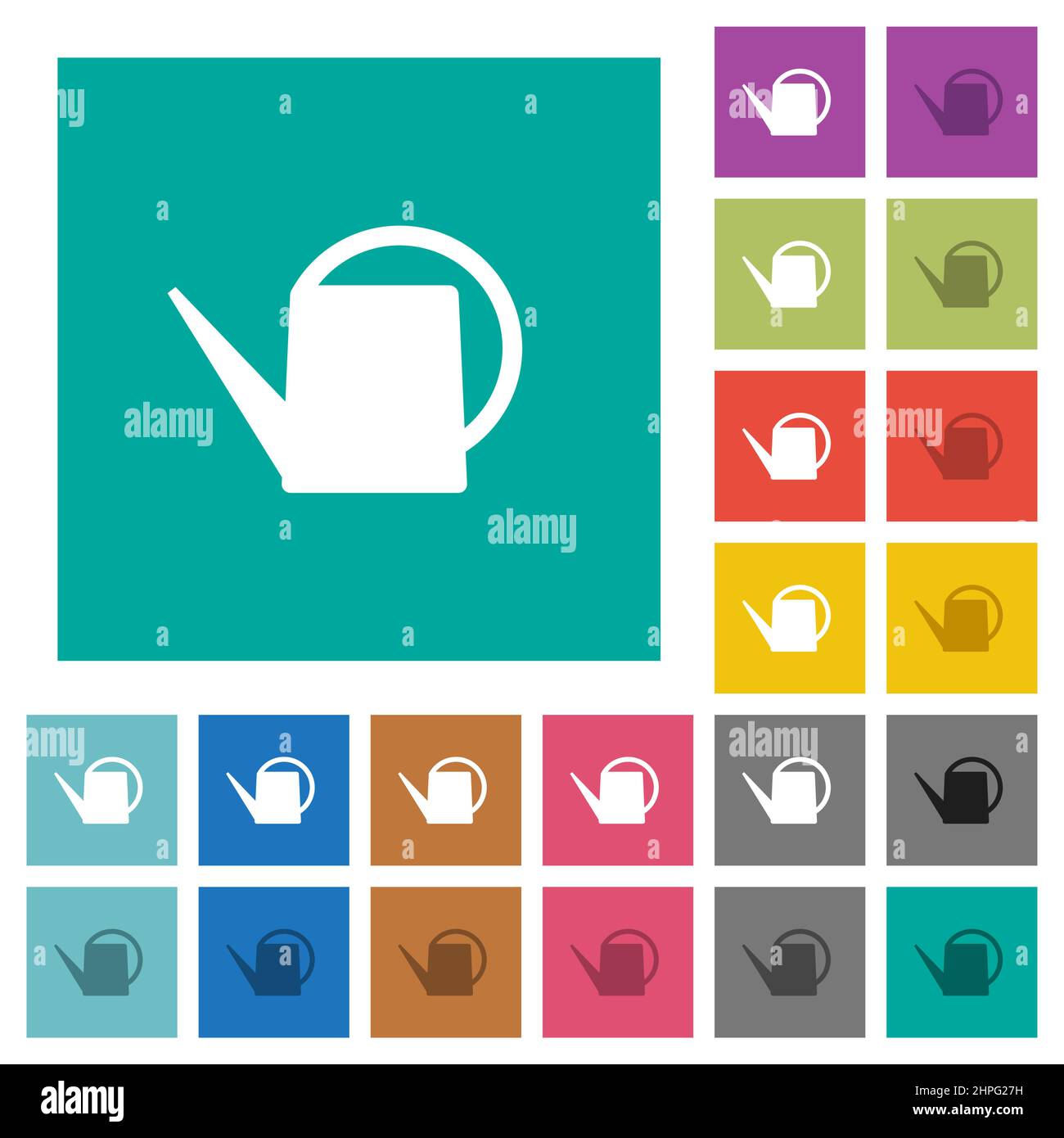 Watering can multi colored flat icons on plain square backgrounds. Included white and darker icon variations for hover or active effects. Stock Vector