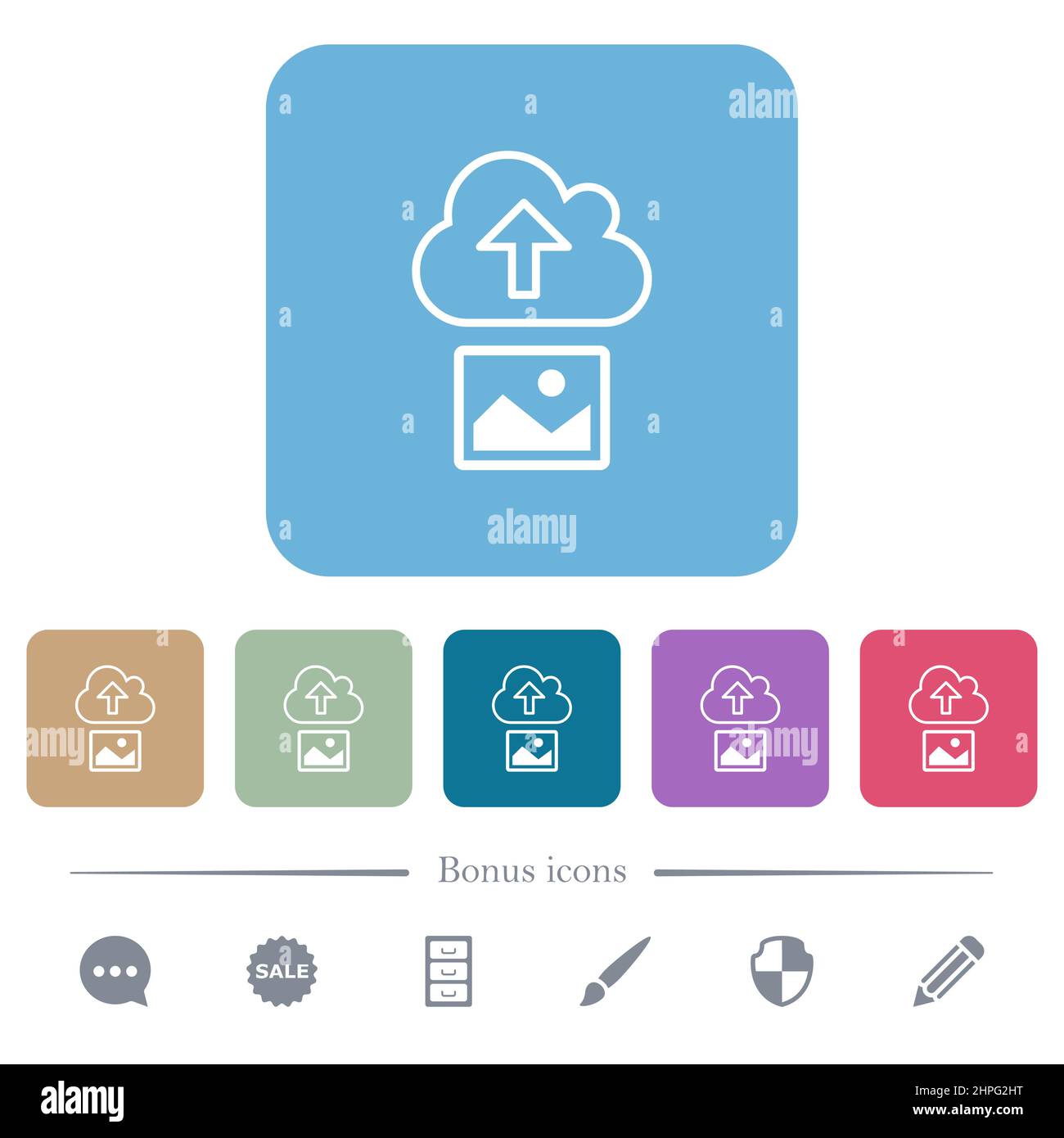 Upload image to cloud outline white flat icons on color rounded square ...