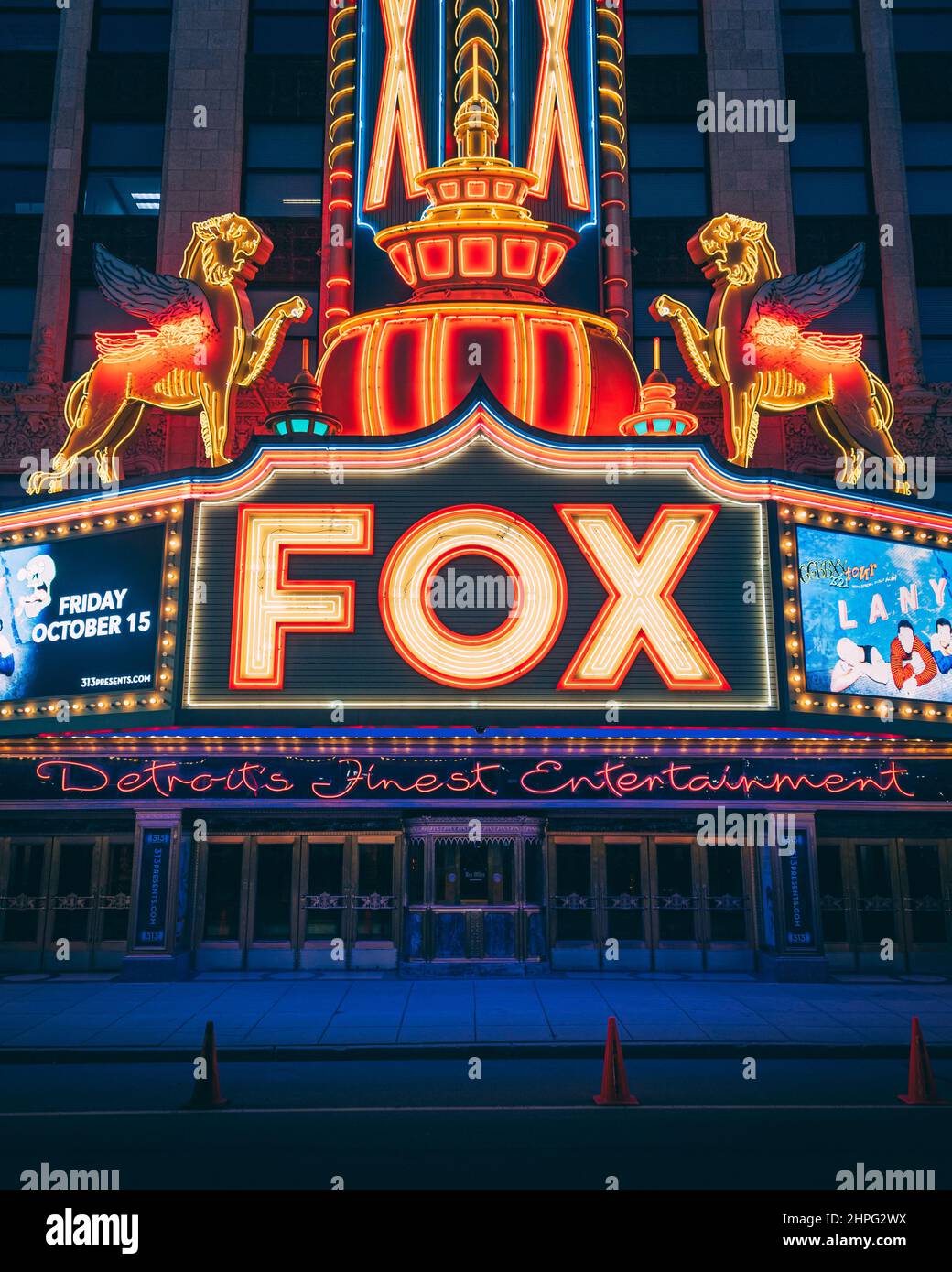 Fox Theater sign at night, in downtown Detroit, Michigan Stock Photo
