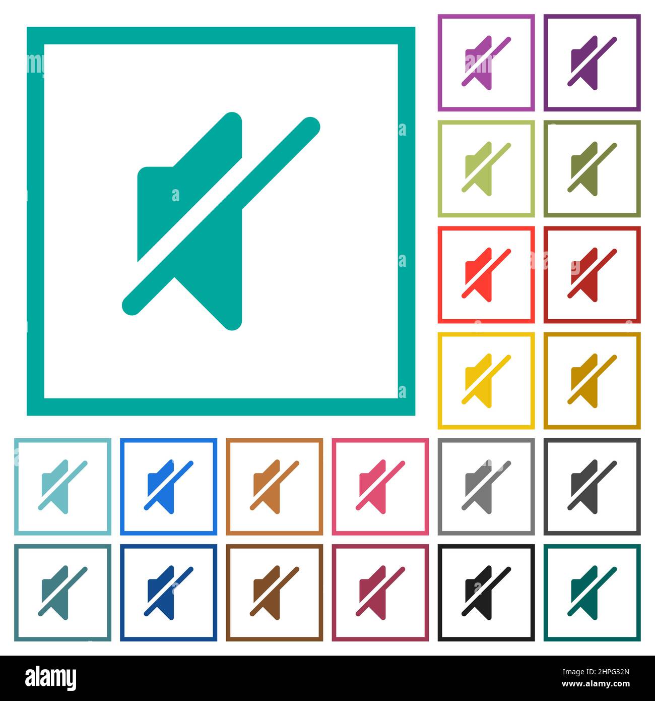 Mute solid flat color icons with quadrant frames on white background Stock Vector