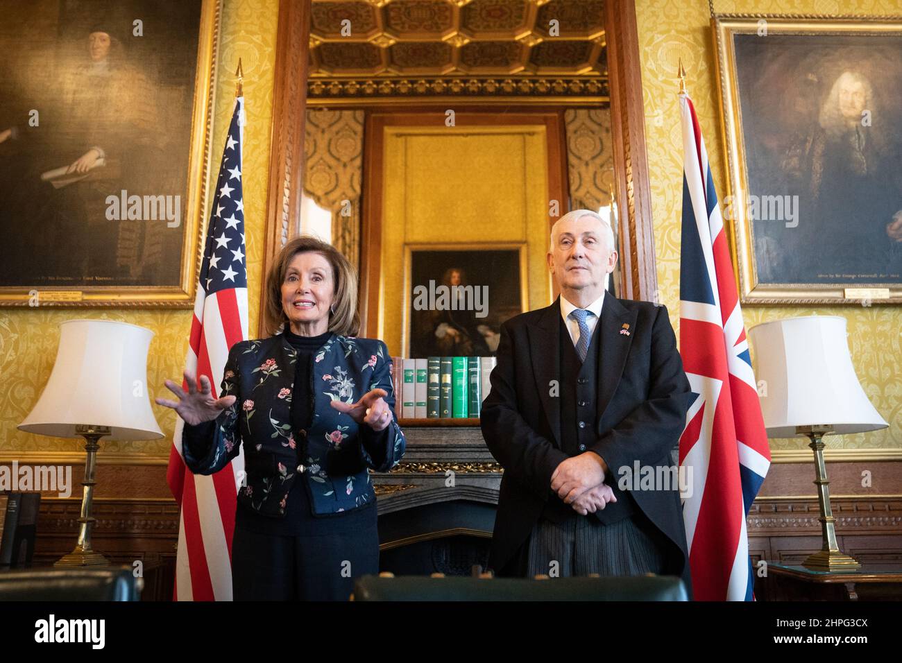 Speaker of the House of Commons Sir Lindsay Hoyle and Nancy Pelosi, Speaker of the House of Representatives in the United States answer questions from the media during her visit as his guest to the Houses of Parliament in Westminster, London. Picture date: Monday February 21, 2022. Stock Photo
