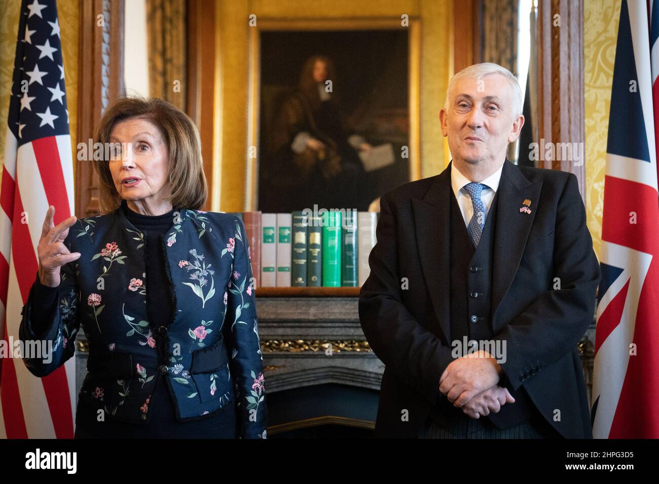 Speaker of the House of Commons Sir Lindsay Hoyle and Nancy Pelosi, Speaker of the House of Representatives in the United States answer questions from the media during her visit as his guest to the Houses of Parliament in Westminster, London. Picture date: Monday February 21, 2022. Stock Photo