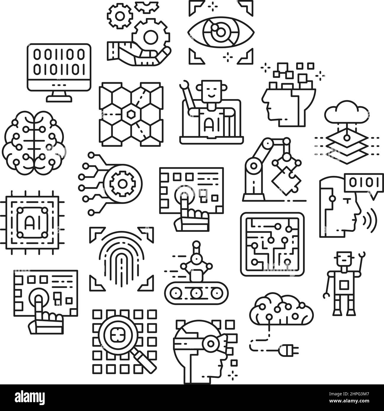 Artificial Intelligence line icon set. Robotics, Chatbot, Database, Big Data icons in a circle isolated on white background. Stock Vector