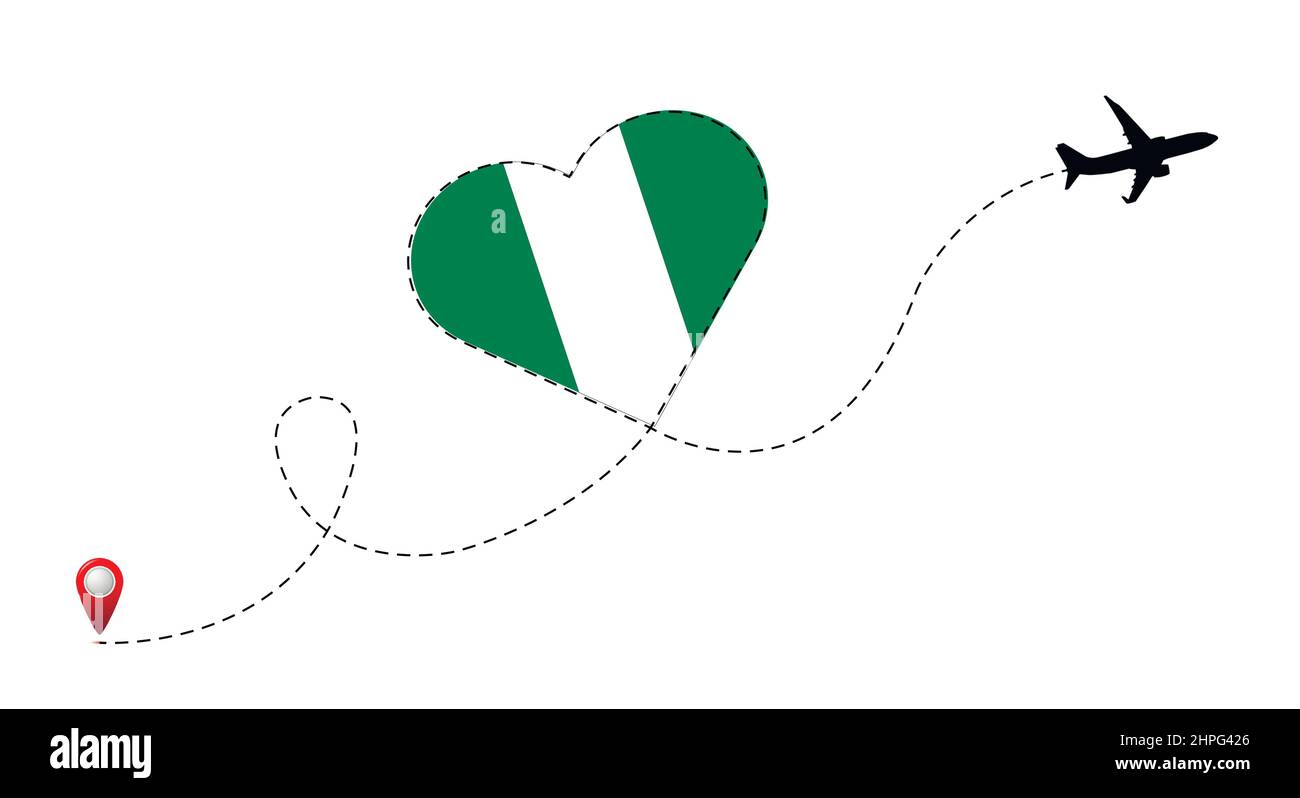 Airplane flight route with Nigeria flag inside the heart. Stock Vector