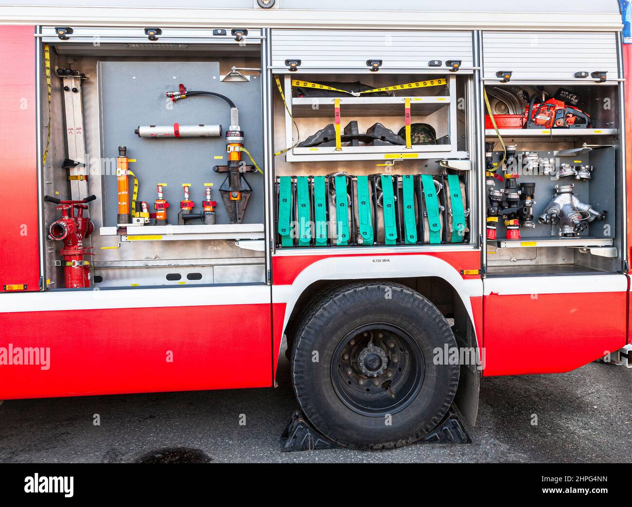 Samara, Russia - May 7, 2019: Equipment for fire extinguisher. Fire and rescue equipment in a fire truck Stock Photo