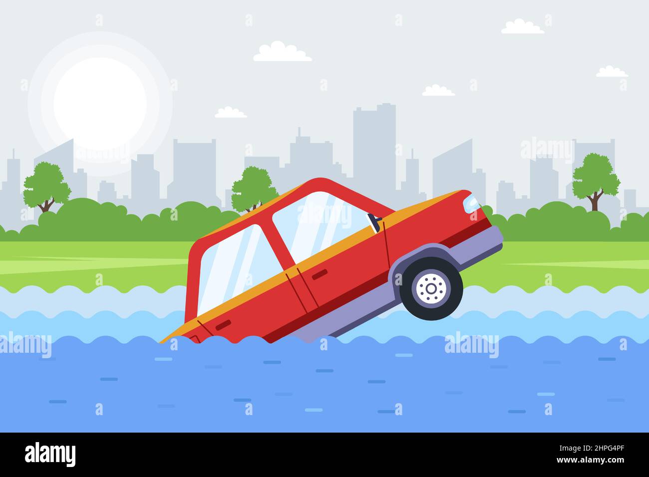 The car has fallen into the river and is sinking. flat vector illustration. Stock Vector