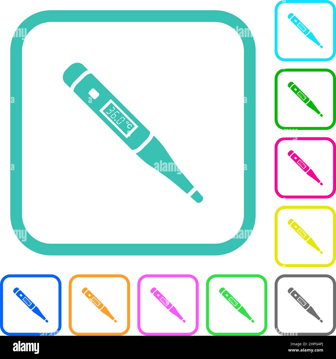 Digital thermometer vivid colored flat icons in curved borders on white ...