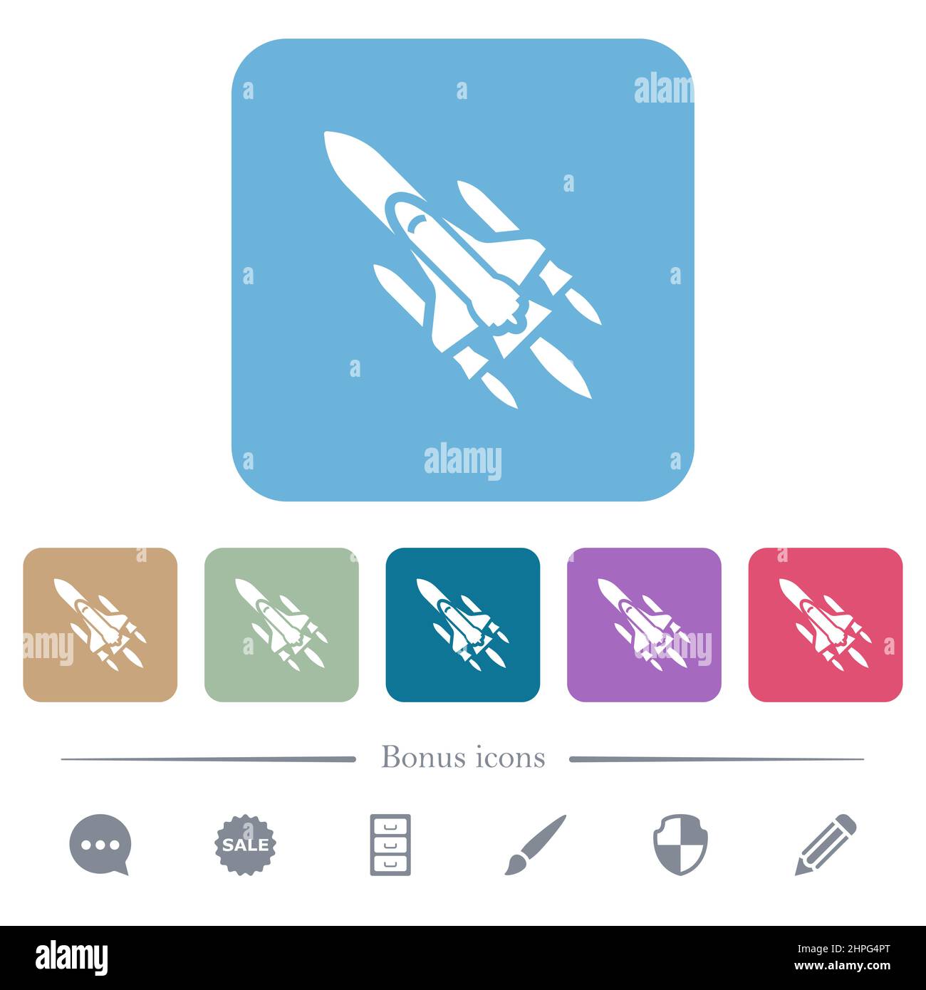 Space shuttle with launchers white flat icons on color rounded square ...