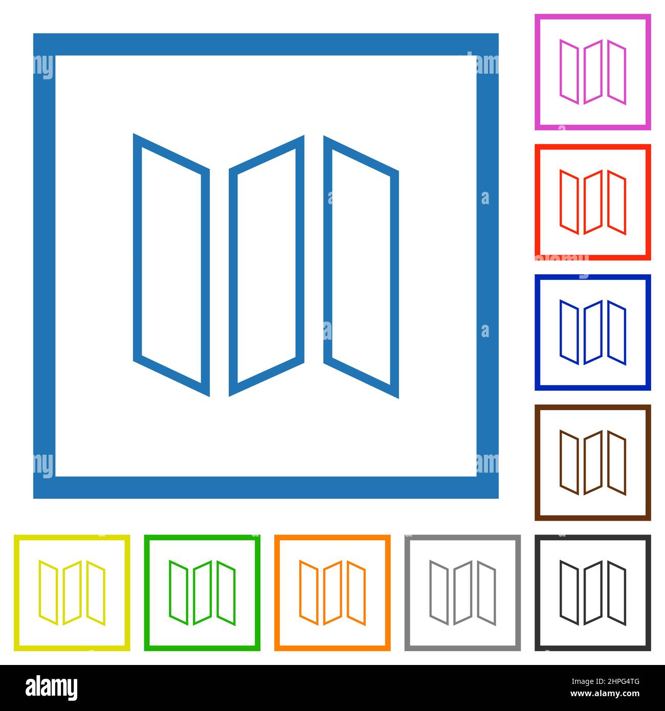 Collapsible map outline flat color icons in square frames on white ...